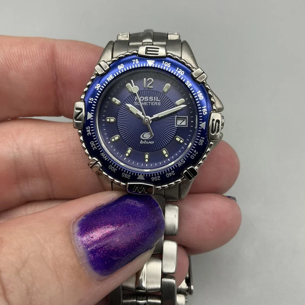 Fossil Blue AM-3104 Womens Watch 29mm Blue Dial Stainless Date New Battery 6.5